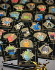 Collection of Froggy Party animal cards on a gray surface with confetti.